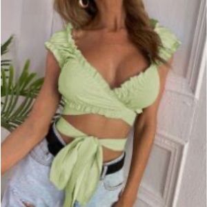 Green Ruffle Trim Wrap Crop Top